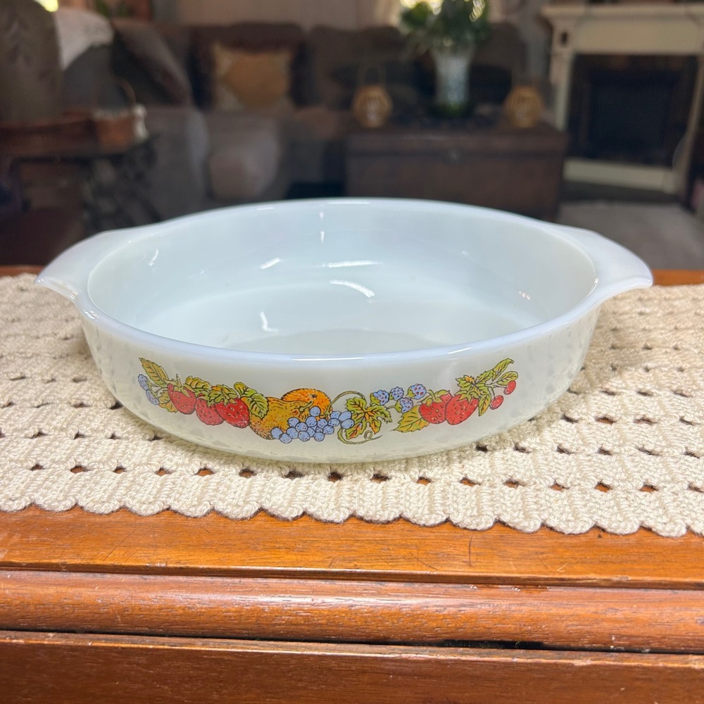 Vintage Fire-King Milk Glass Fruit Garland Round Casserole Dish 9 Inch Baker